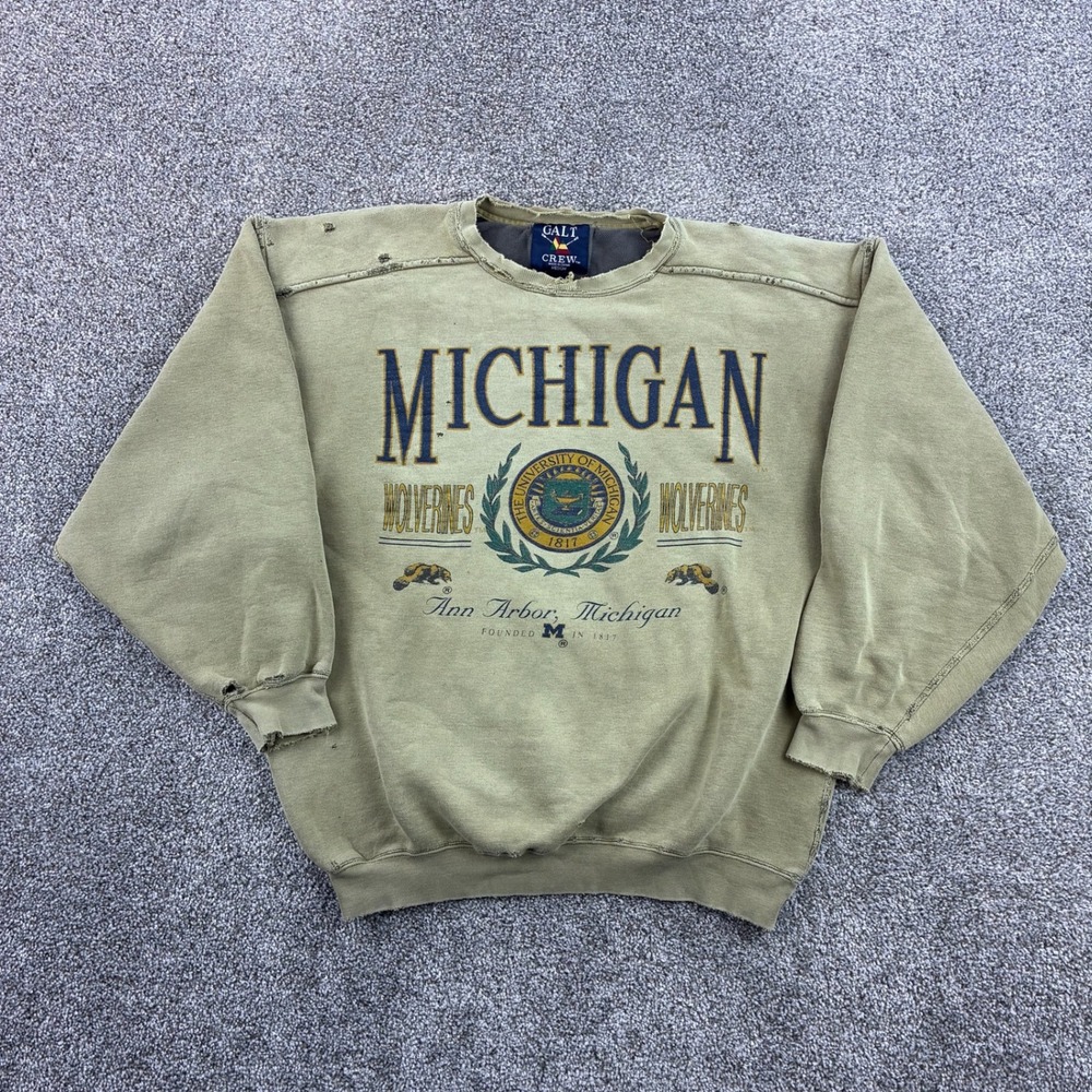 Vintage‎ Michigan Wolverines Sweatshirt Mens Medium Tan Distressed U of M 90s